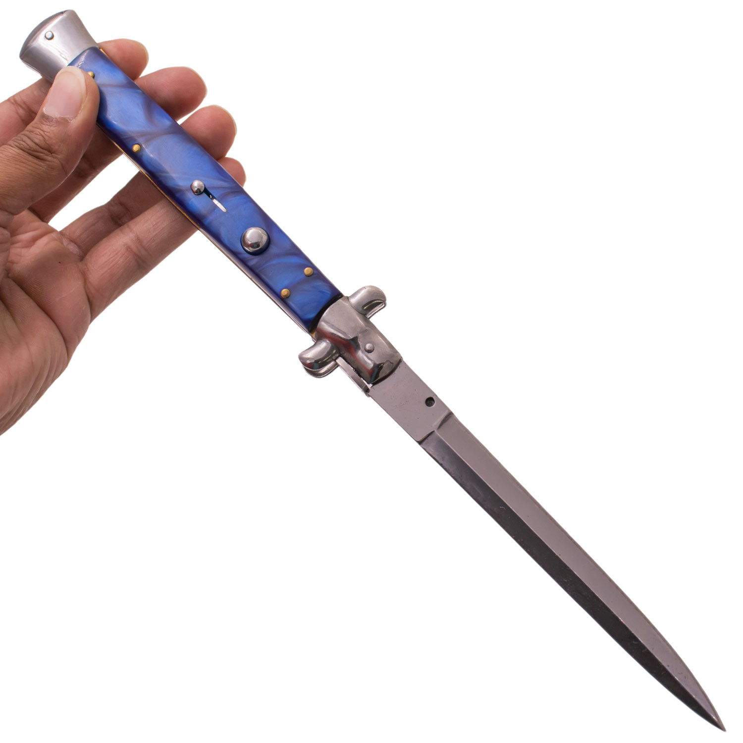 AKC 13 Inch Automatic Stiletto Italiano Button Push Knife (Blue Pearl)